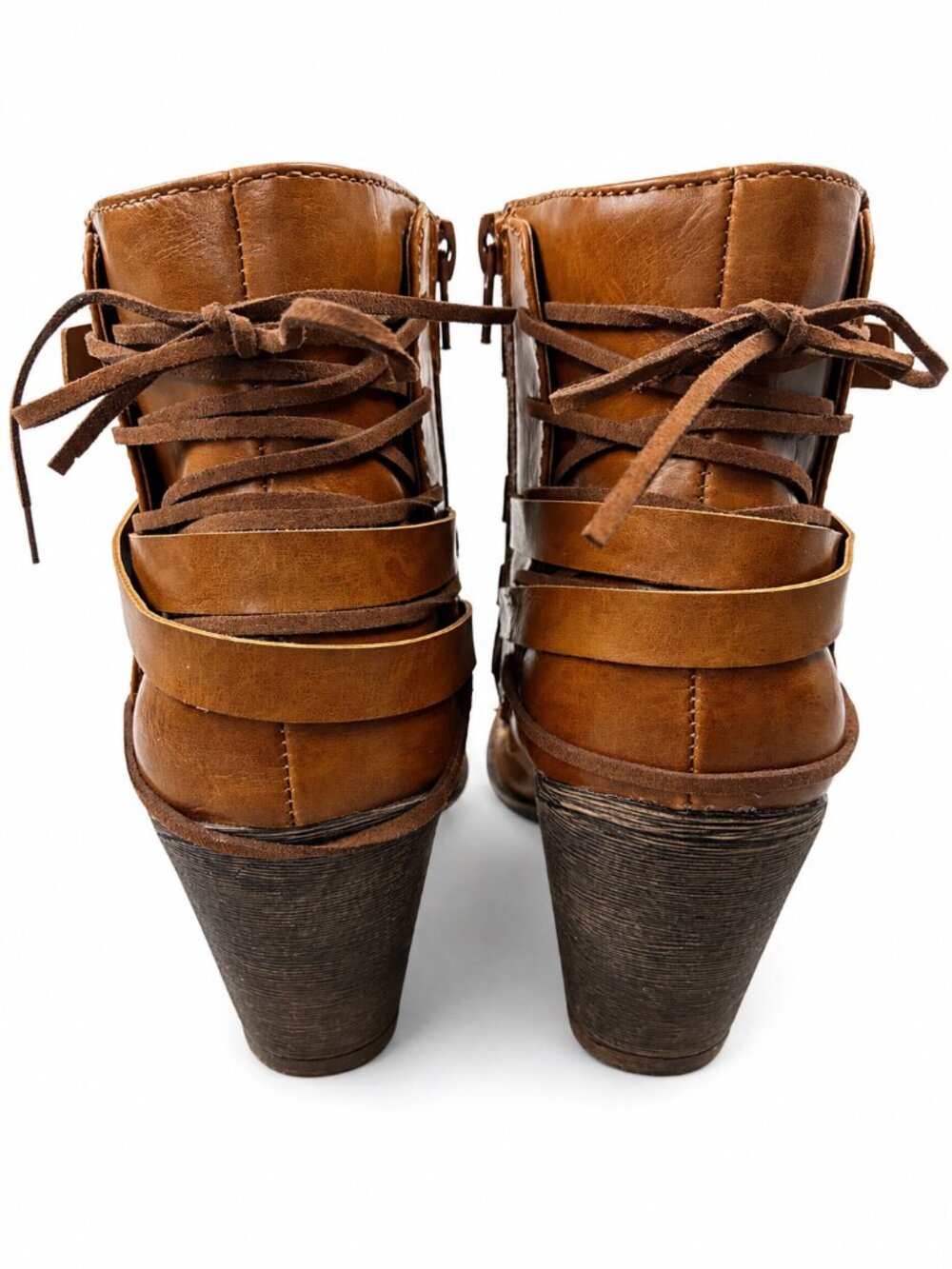 Cognac Brown Ankle Boots 7.5 Boho Moto Buckle Block‎ Heel Booties - Picture 4 of 9